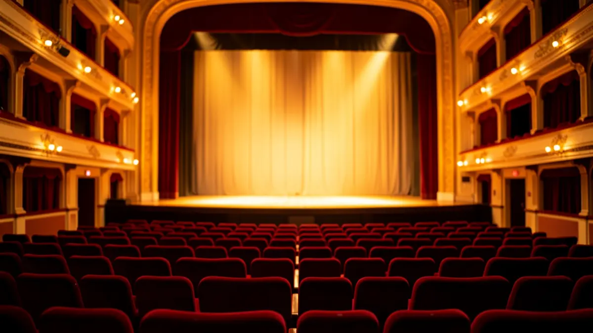 Theater stage with warm lighting and blurred seats.