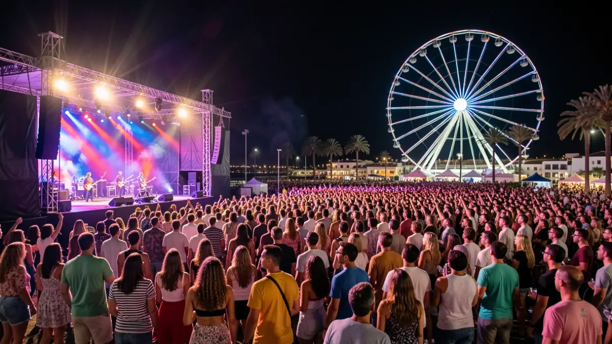 Multitud disfrutando de un concierto nocturno en el Tenerife Cook Music Fest, con luces de escenario y una noria gigante al fondo.