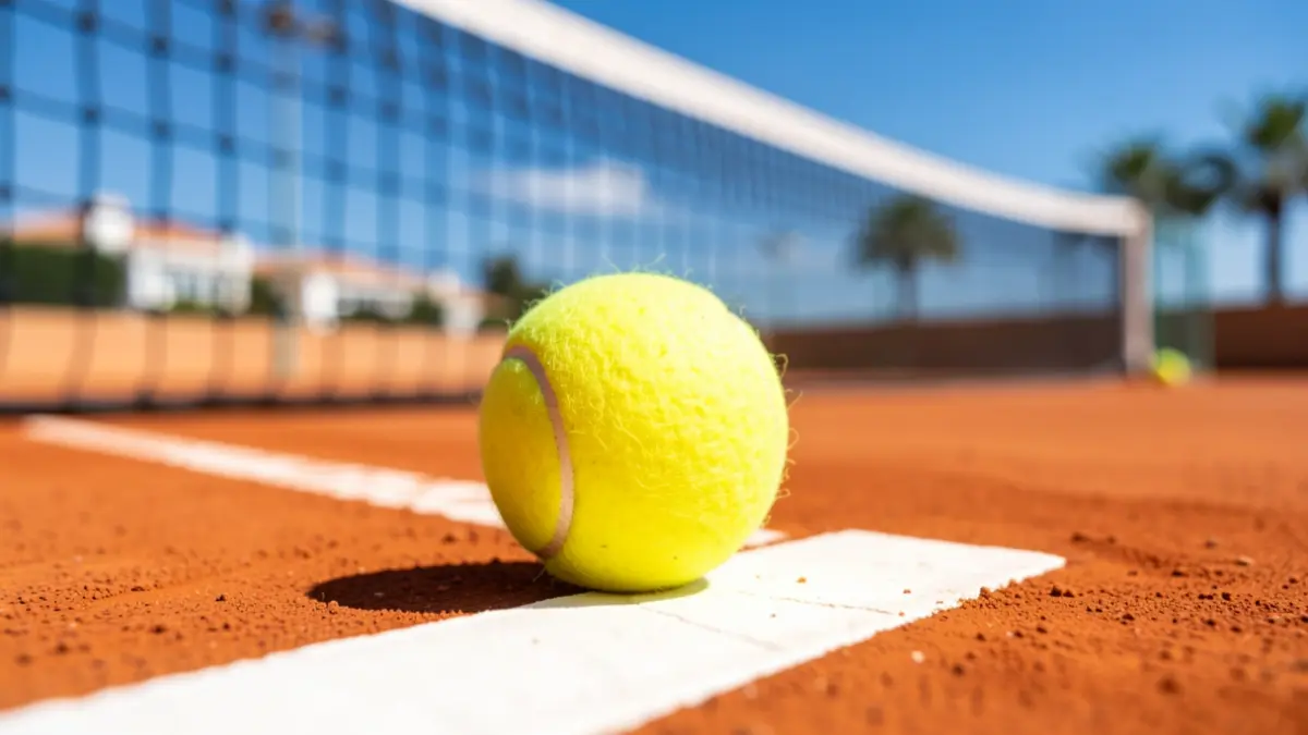 Generic image of a tennis ball on a clay court.