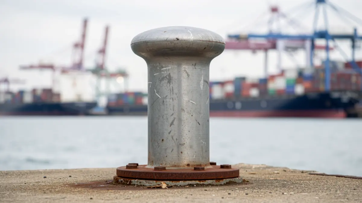 Generic image of a port pier with mooring bollards and ships in the background.