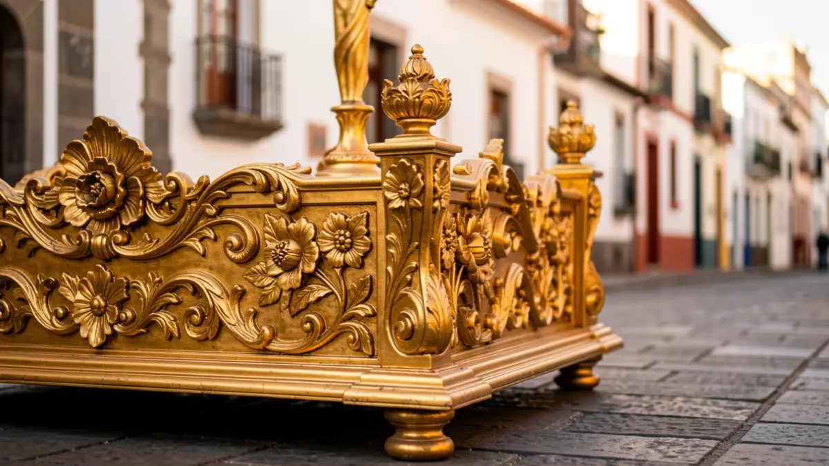 Close-up of an ornate, golden religious float with floral motifs on a cobblestone street, with traditional Canarian architecture in the background.