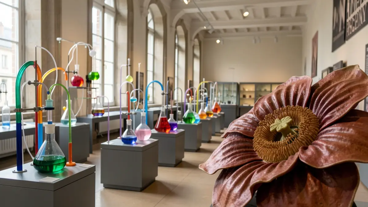 Interior of a science museum exhibition hall with flasks and a Rafflesia flower.