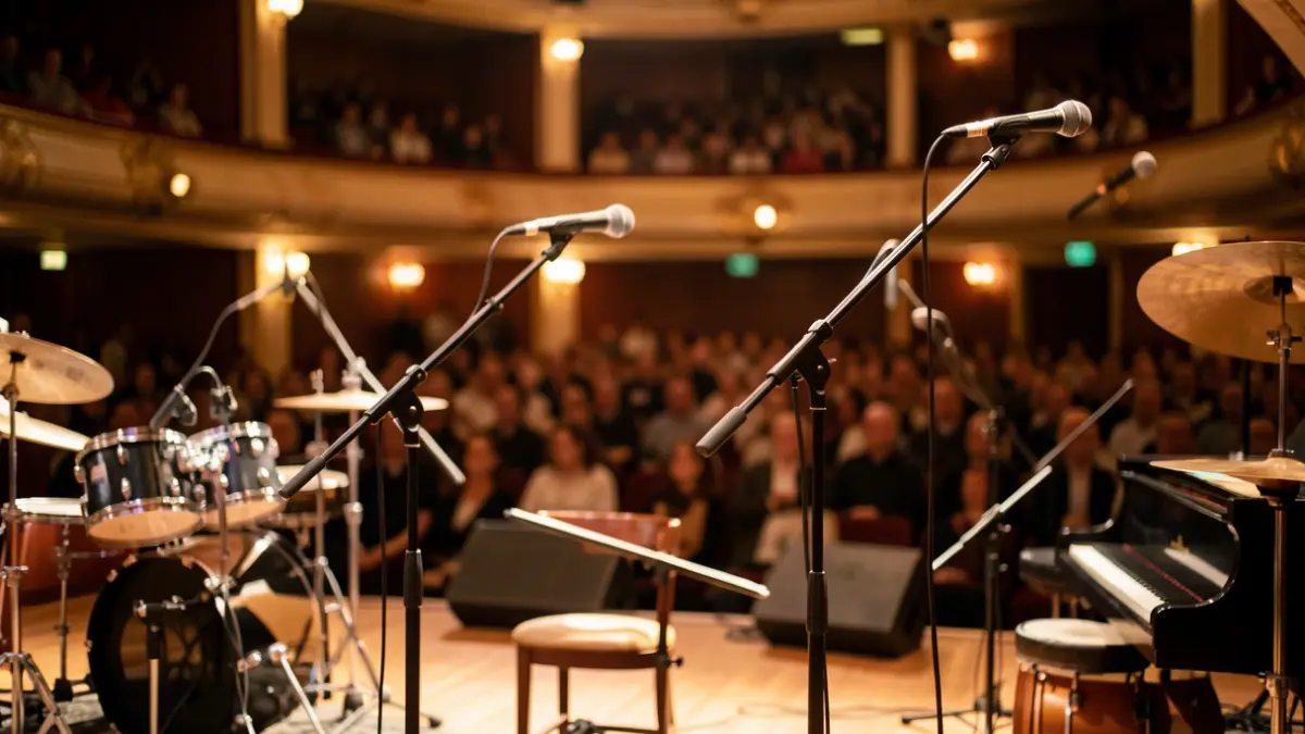Imagen genérica de un escenario de conciertos con equipo de sonido.