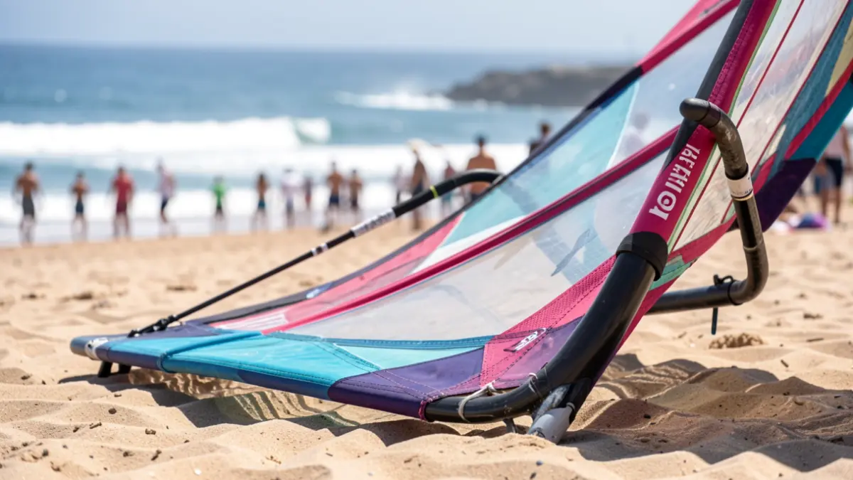 Image of a windsurf sail on the sand of a beach in Gran Canaria.