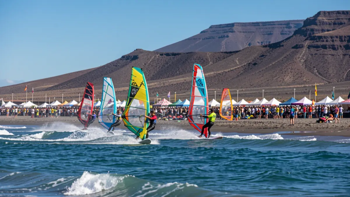 Generic image of a windsurfing competition at El Médano beach, Tenerife, with athletes in action and a festival atmosphere.