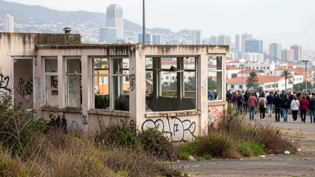 Generic image of an abandoned and vandalized summer terrace on a municipal plot.