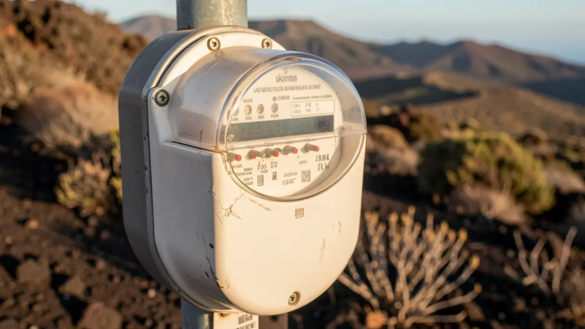 Primer plano de un contador eléctrico con un paisaje volcánico de Canarias al fondo, mostrando signos sutiles de manipulación.