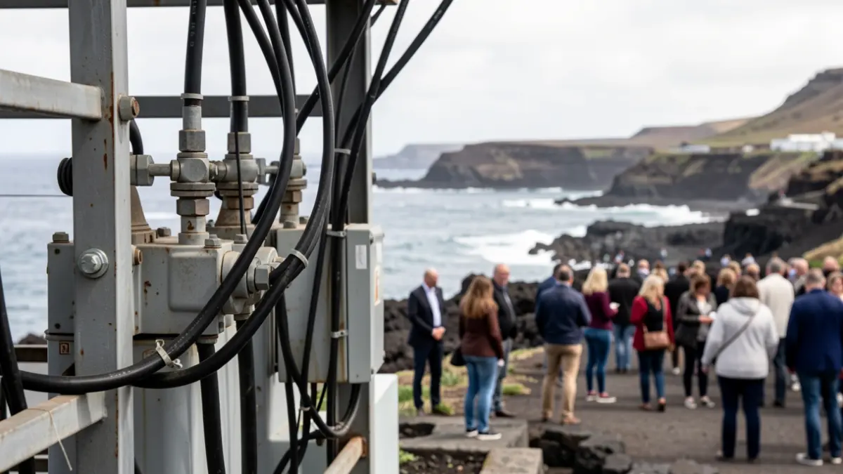 Electrical infrastructure in Garachico with the coastal landscape in the background.