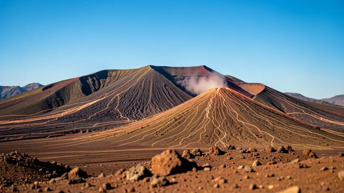 Paisaje volcánico de las Cañadas del Teide, Tenerife, con sutiles líneas de energía que emanan del suelo.