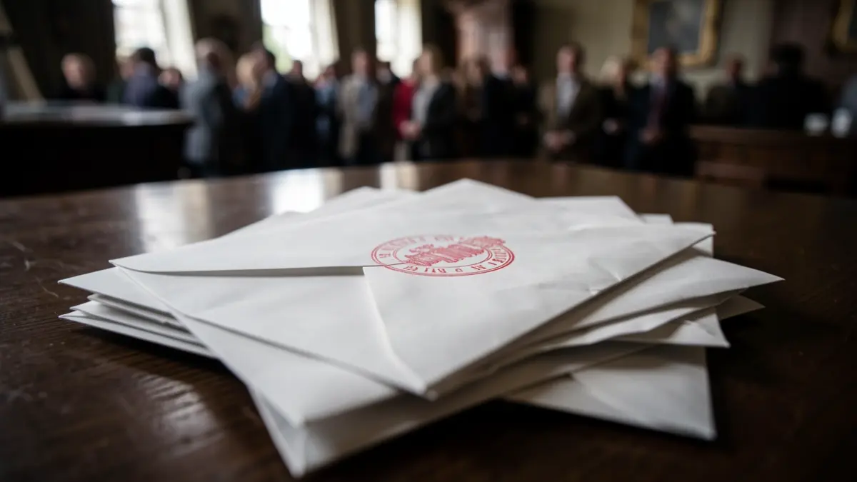 Close-up of a stack of official envelopes with a blurred red stamp on a dark wooden desk.