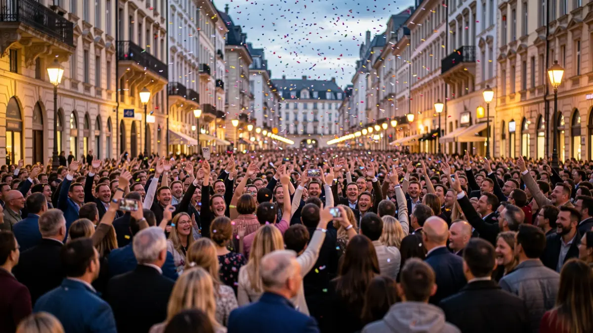 Imagen genérica de una multitud celebrando en una plaza urbana al atardecer.