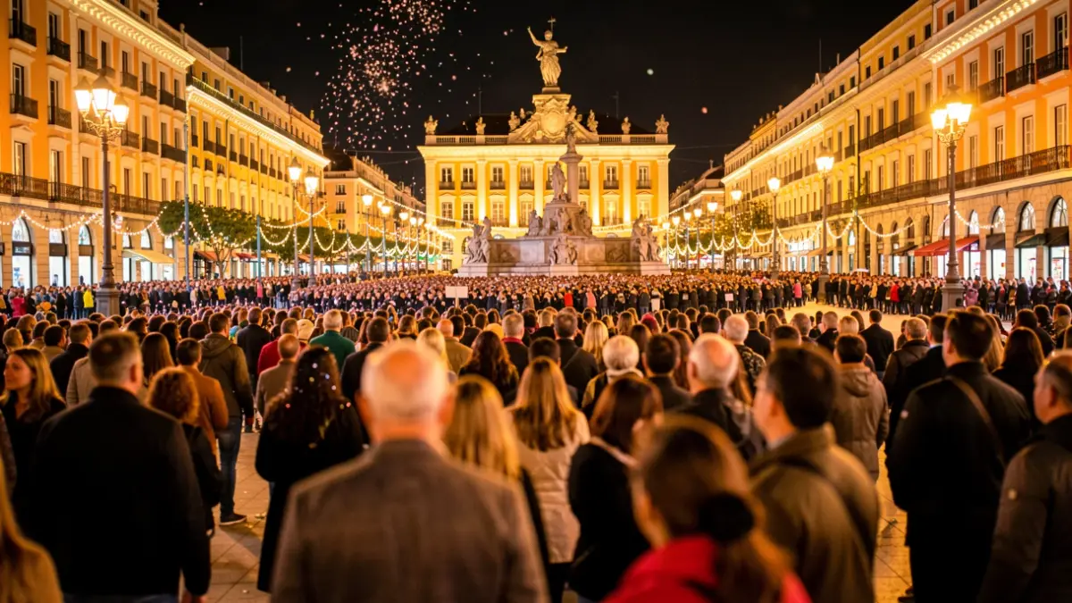 Imagen genérica de una celebración multitudinaria en la Plaza de Cibeles de Madrid por la noche.
