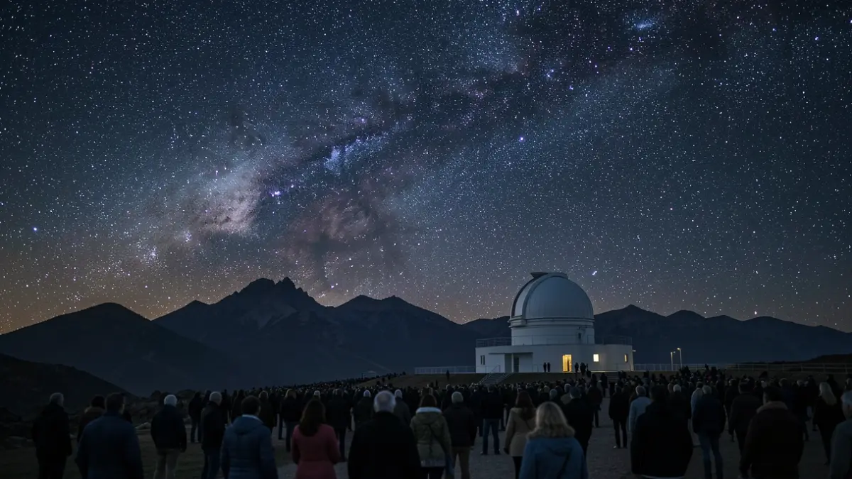 Cielo nocturno estrellado sobre la silueta de las montañas del Observatorio del Roque de los Muchachos.