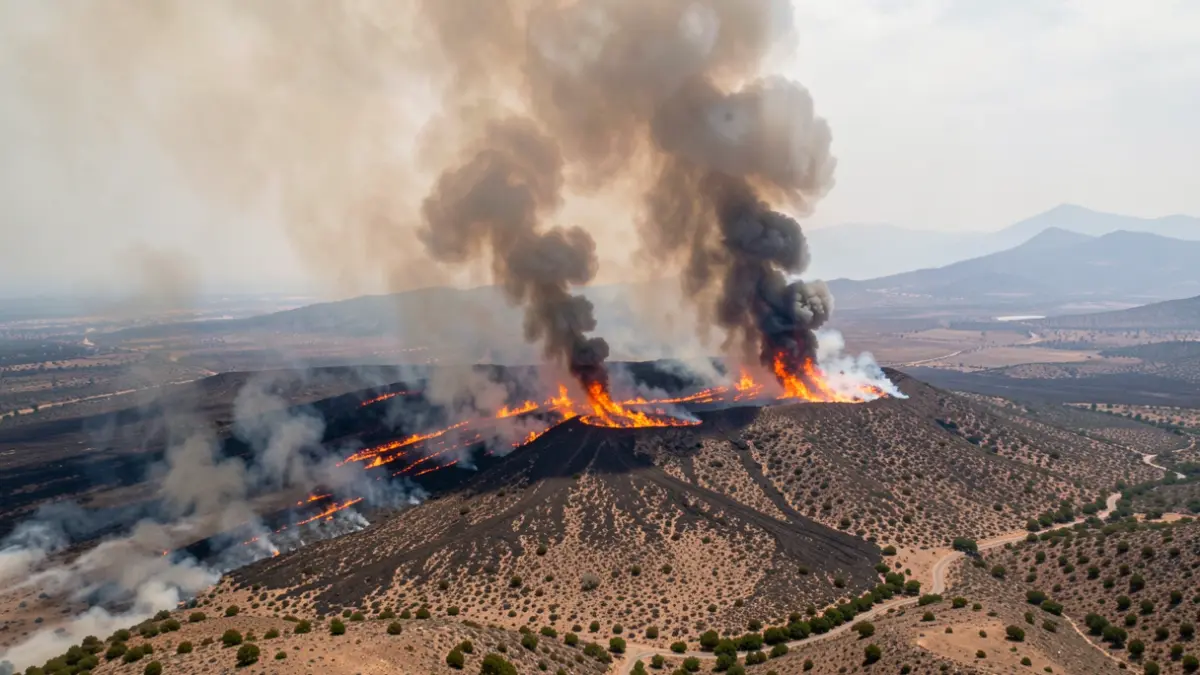 Vista aérea de un gran incendio forestal en Canarias con columnas de humo.