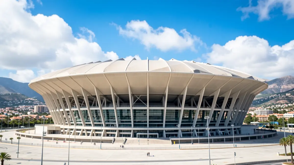 Exterior of the Estadio de Gran Canaria with its characteristic cloud-shaped roof.