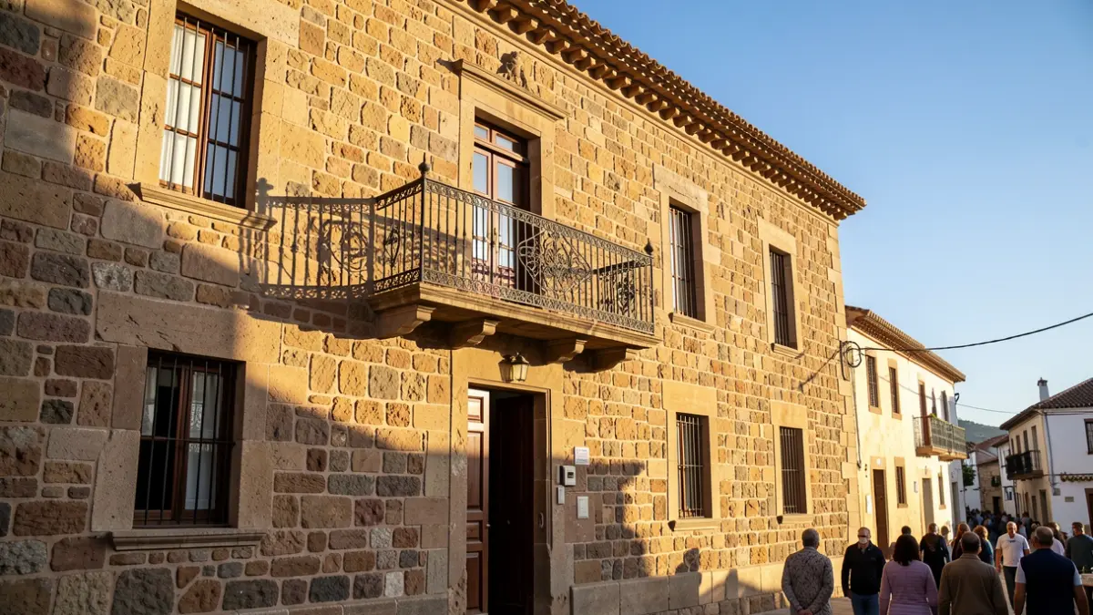 Fachada de piedra de una casona histórica en Canarias con balcón tradicional.