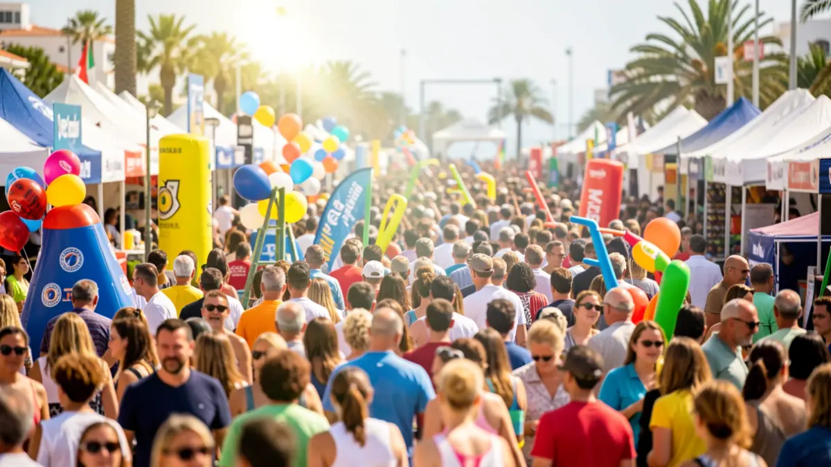 Imagen genérica de una feria deportiva con público y equipamiento deportivo.