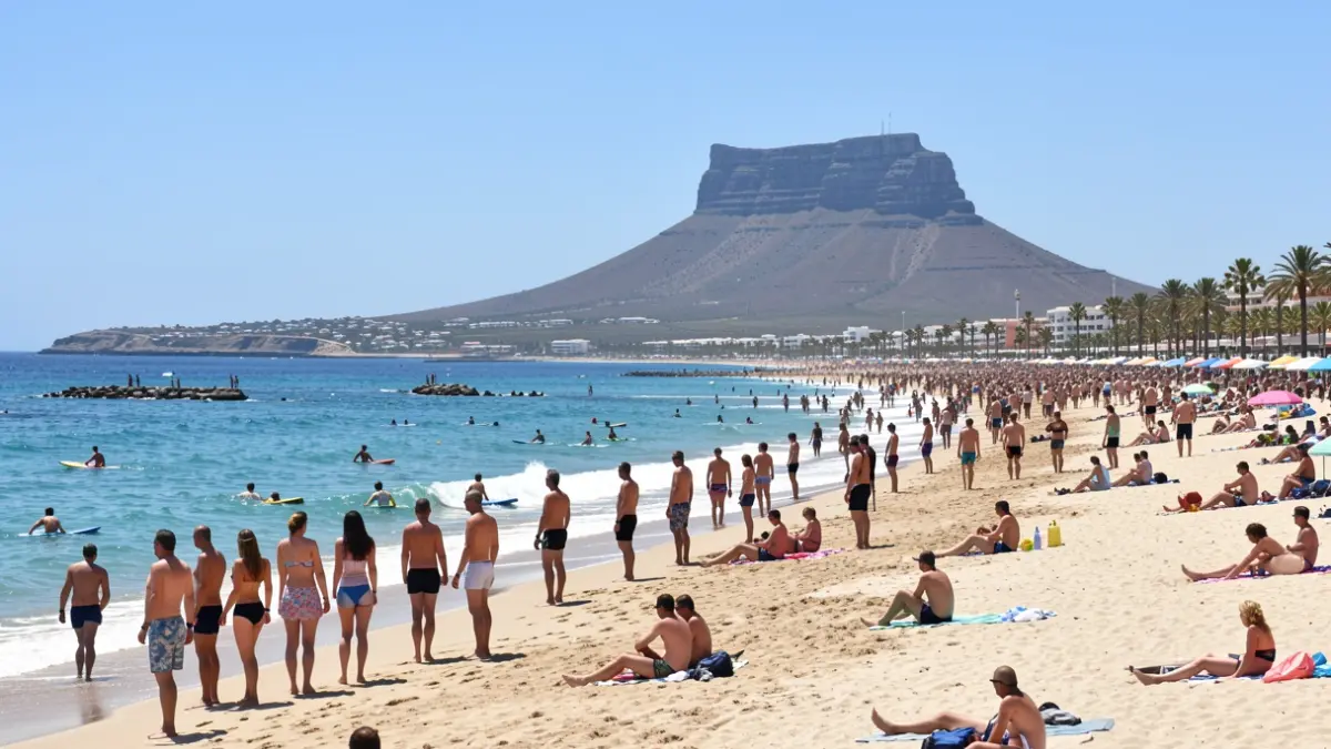 Image of bodyboarders at Las Canteras Beach during the ExpoDeca fair.