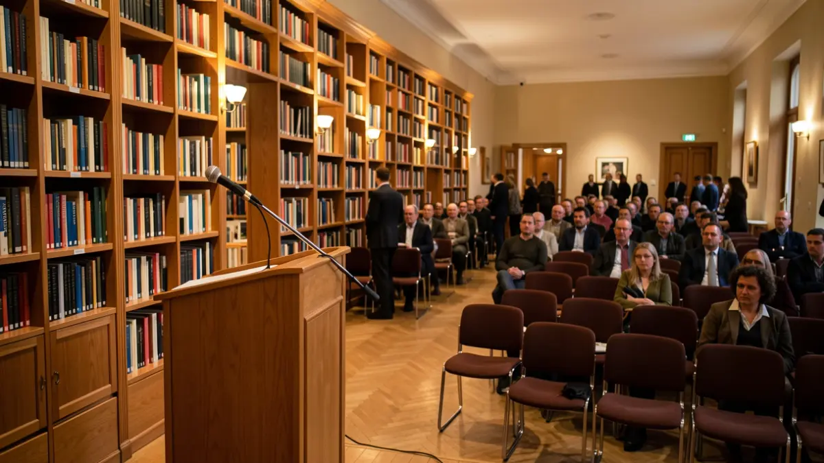 Generic image of a cultural exhibition hall with books and a podium.
