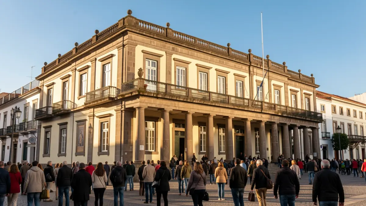 Fachada de un edificio gubernamental canario con columnas y balcones.