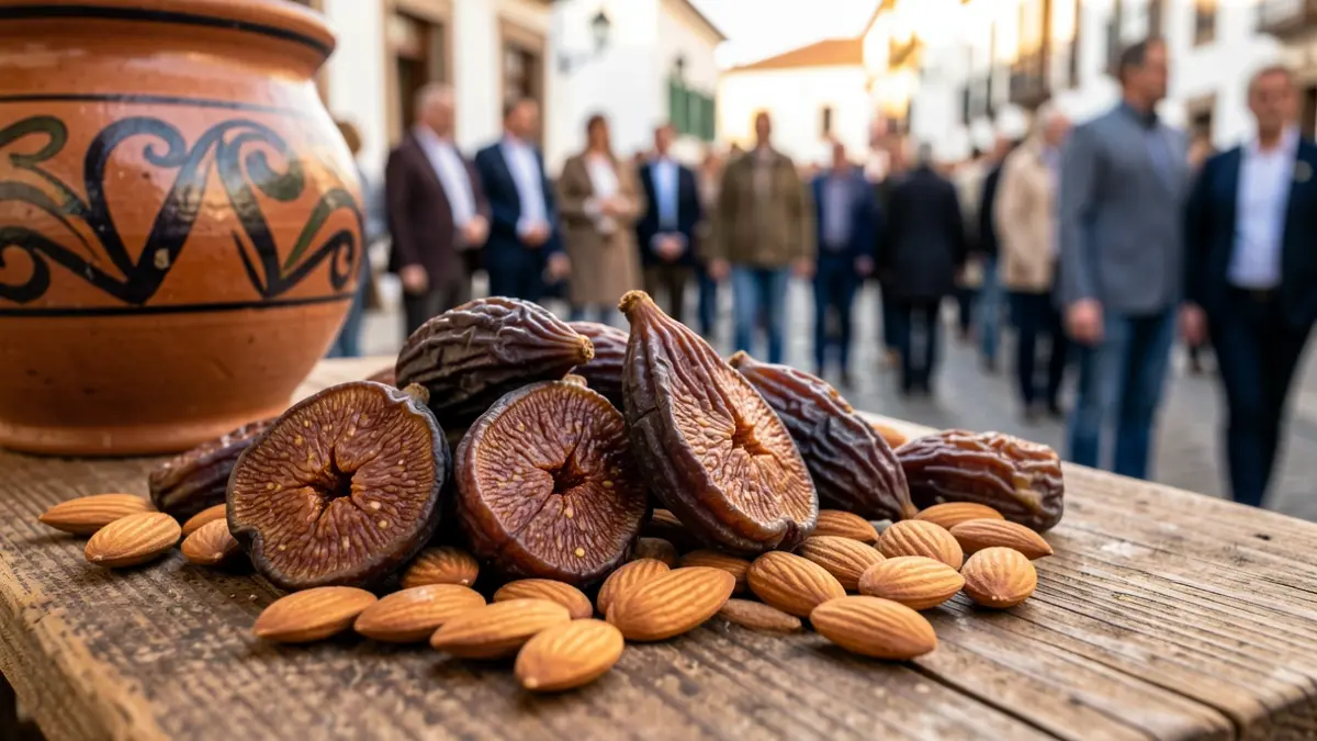 Primer plano de higos secos y almendras sobre una superficie de madera rústica, con cerámica canaria al fondo.