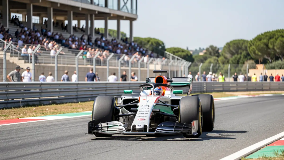 A Formula 1 car drives for the first time on the still-under-construction Madrid circuit.