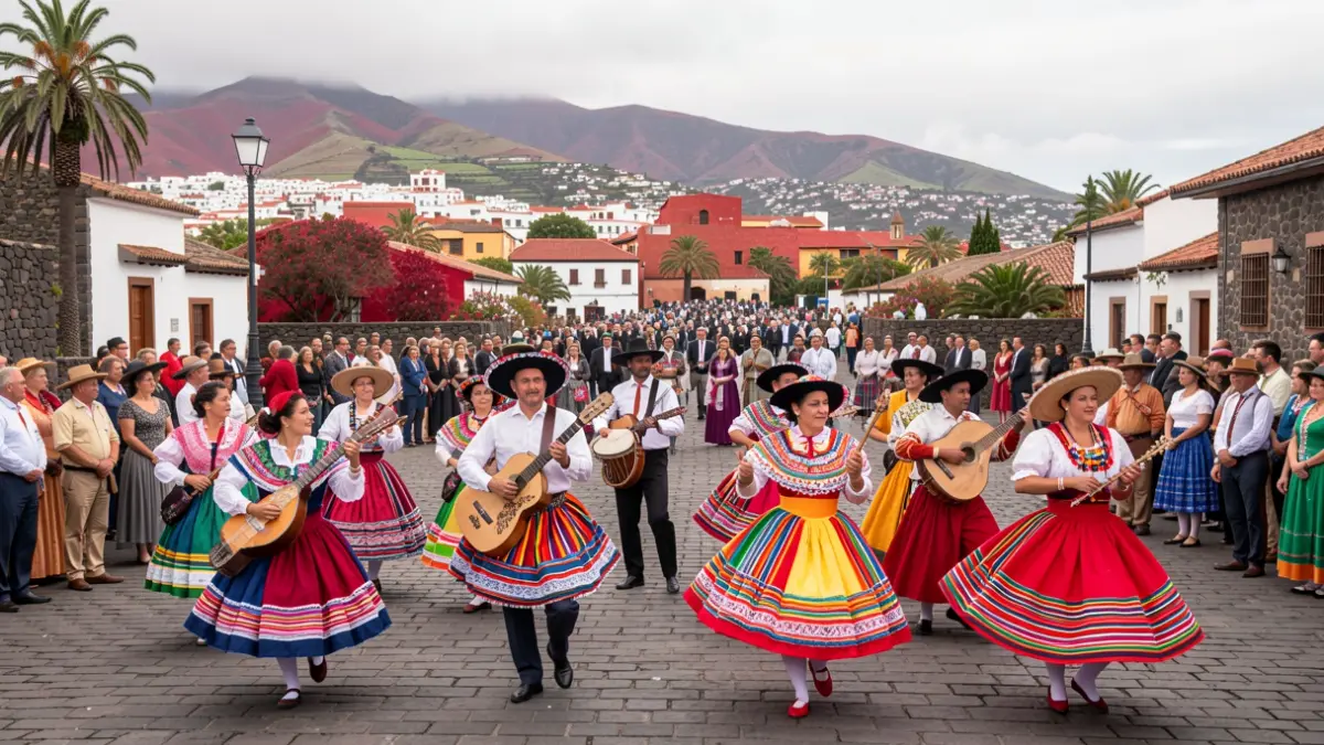 Generic image of a Mexican music and dance festival with colorful costumes and landscape elements.