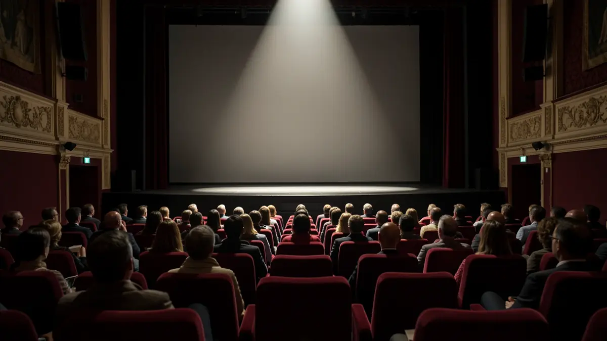 Generic image of an empty cinema with red seats and a spotlight on the stage.