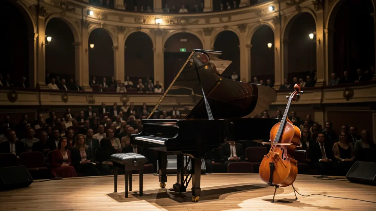 Generic image of a piano and a cello on a concert stage.