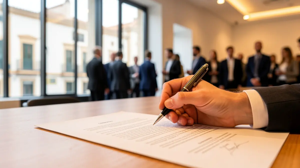 Imagen de una mano firmando un documento en un escritorio, con arquitectura canaria de fondo.
