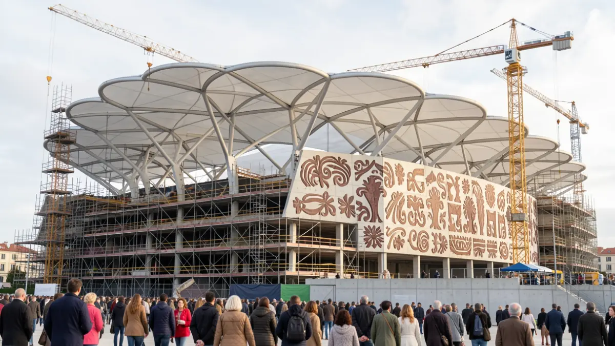 Imagen de la reforma del Estadio de Gran Canaria con nueva cubierta y fachada inspirada en pintaderas canarias.