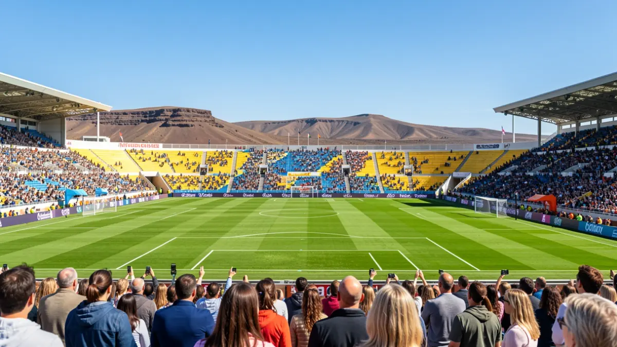 Generic image of a football stadium in Fuerteventura with volcanic landscape in the background.