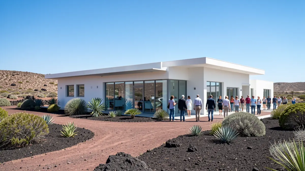 Architectural representation of a modern health center in a volcanic environment.