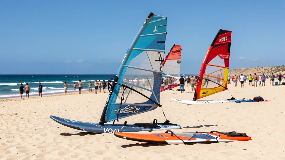 Windsurfing and wingfoil equipment on the beach in Fuerteventura.
