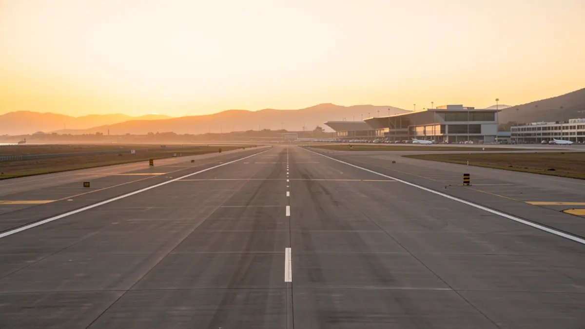 Generic image of an airport runway at sunset.