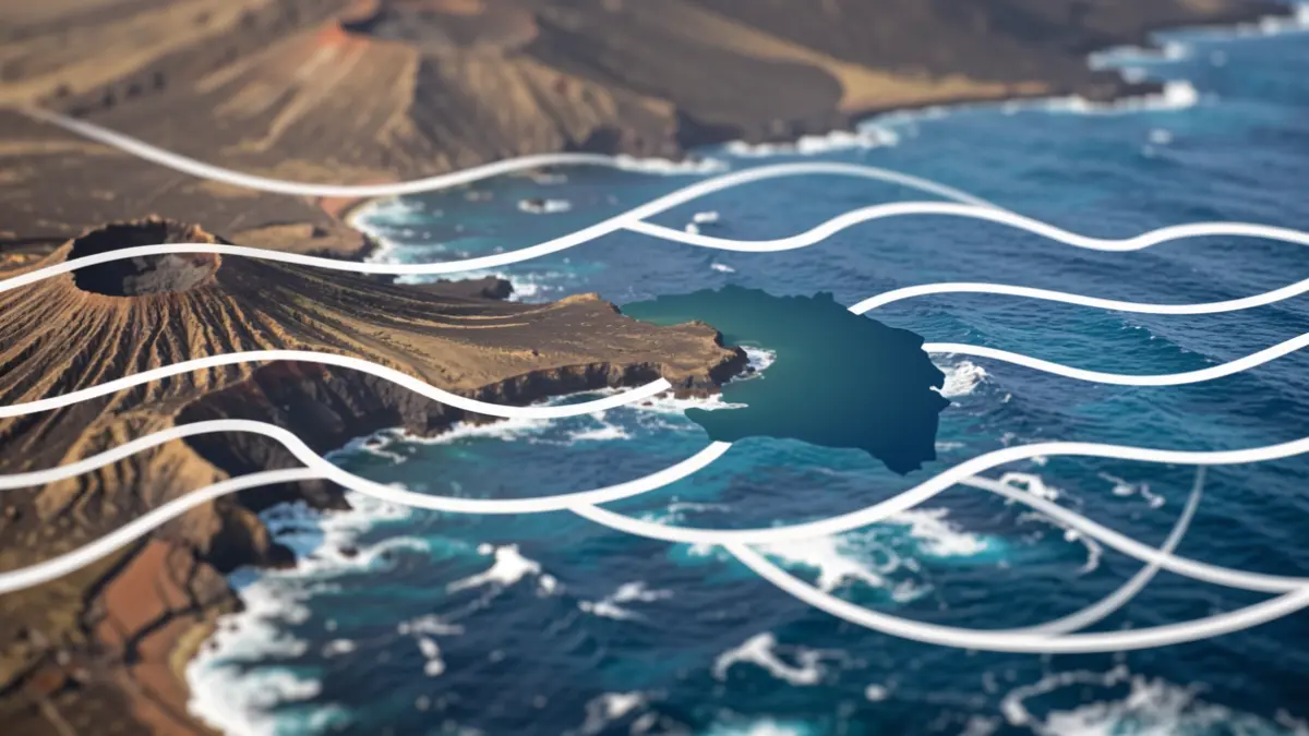 Symbolic image of maritime connectivity for Fuerteventura, with abstract waves and island silhouette.