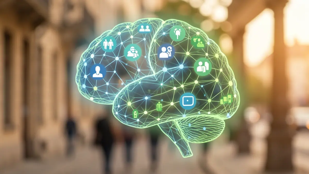 Representación abstracta del cerebro humano con conexiones neuronales y símbolos sociales, simbolizando el comportamiento adictivo.