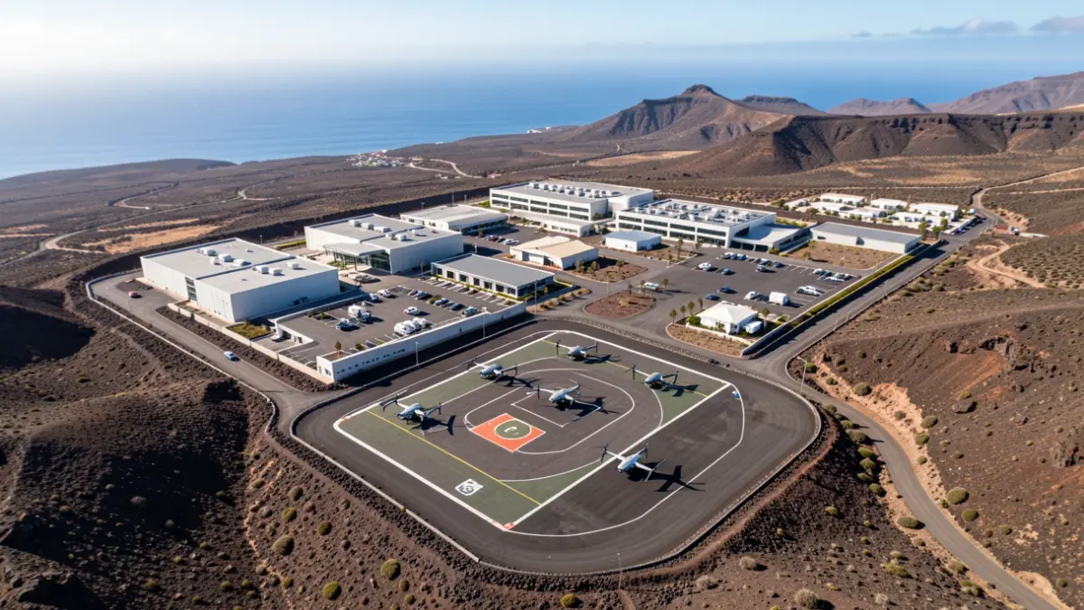 Aerial view of a technology park in Fuerteventura with drones.