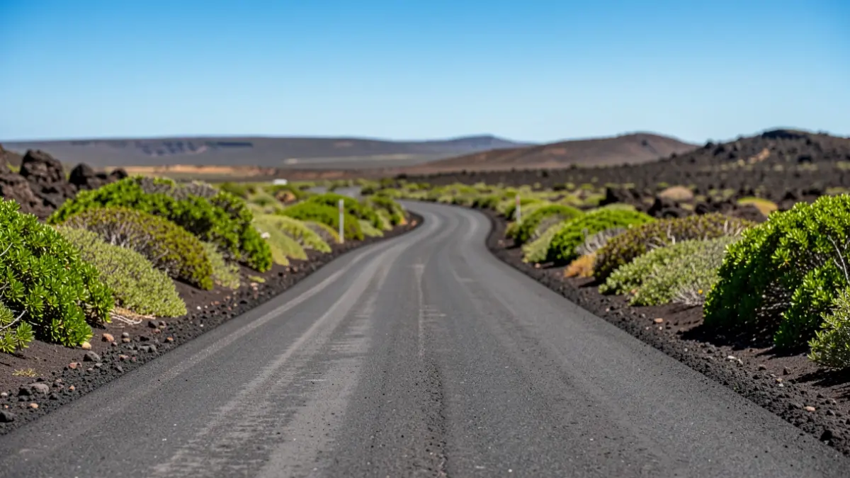 Imagen de una carretera rehabilitada en Fuerteventura, con paisaje volcánico.