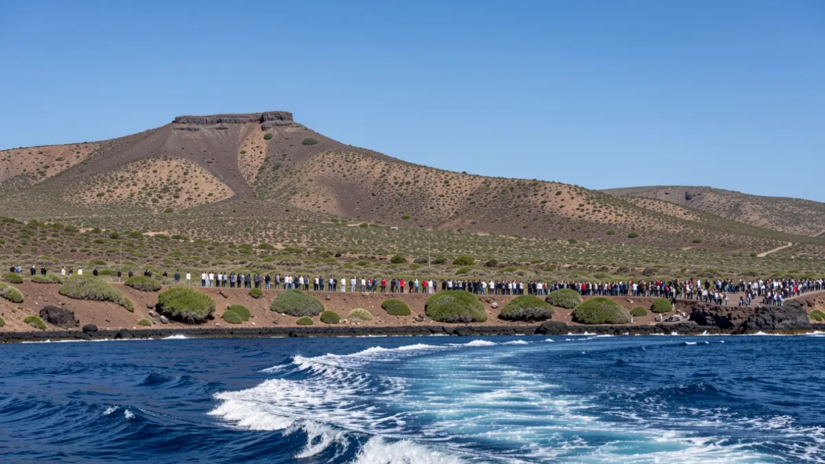 Generic image of a volcanic landscape in the Canary Islands with the sea and a ferry's wake.