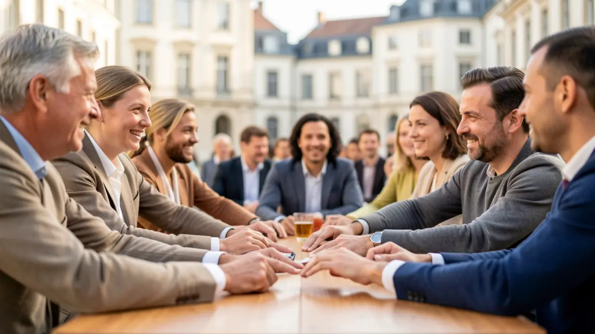 Manos diversas colaborando en una mesa con edificios institucionales borrosos al fondo.