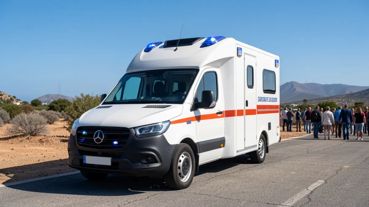Image of a new ambulance in a sunny, arid landscape of Fuerteventura.
