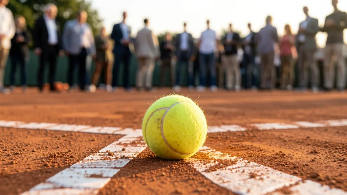 Close-up of a tennis ball on a clay court.