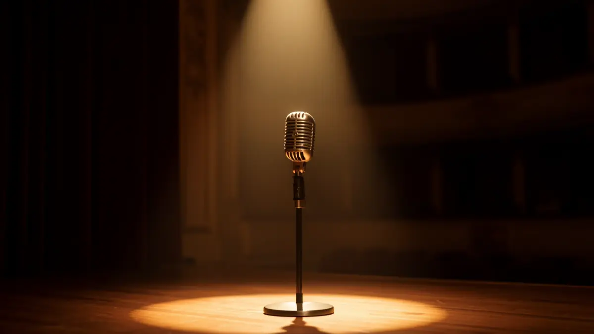 Generic image of a theatre stage with a microphone.