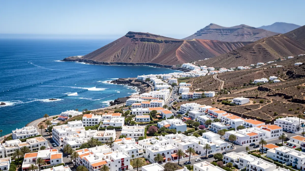 Vista aérea genérica de un pueblo costero en Canarias con arquitectura blanca y colinas volcánicas.