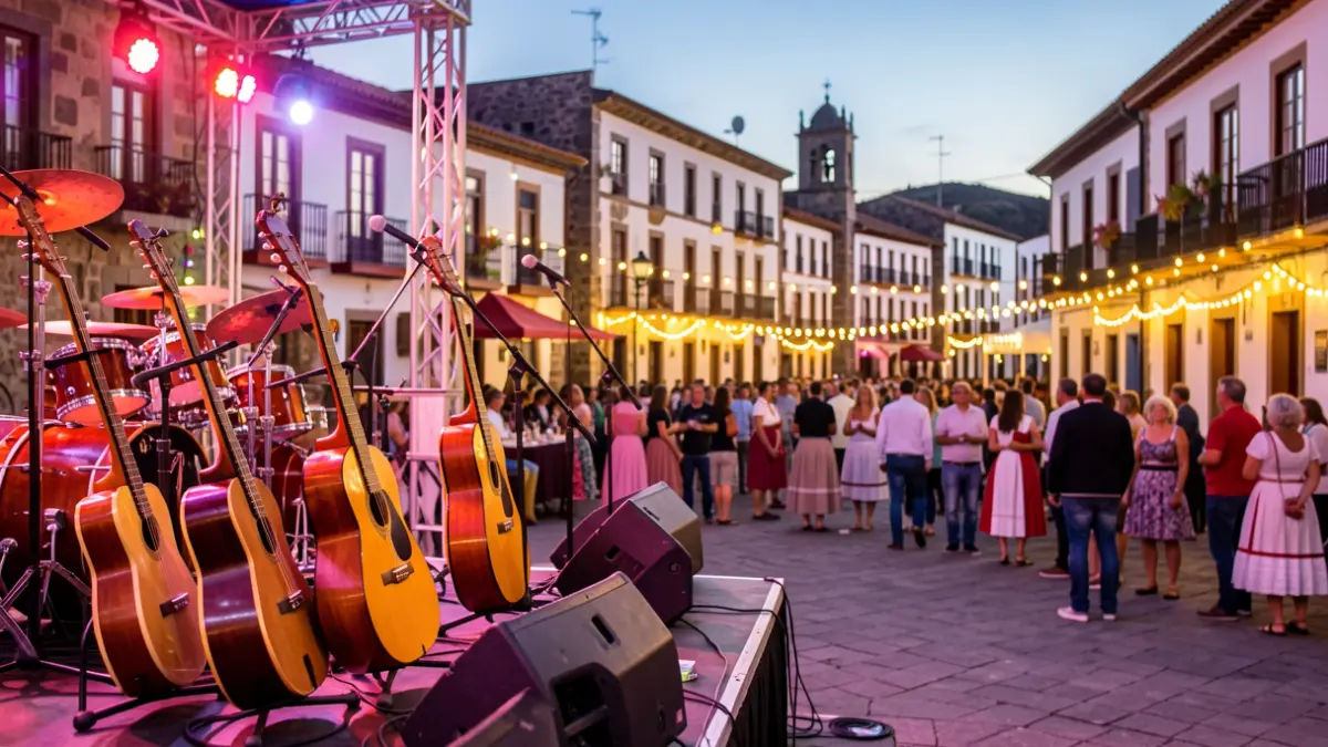 Imagen genérica de un festival de folclore canario con instrumentos musicales en un escenario.
