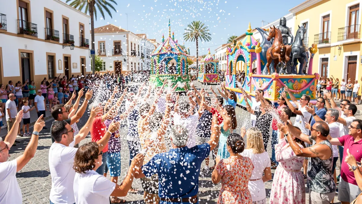 Multitudinaria Batalla de Flores en Gáldar, Gran Canaria, con personas de todas las edades lanzando confeti blanco y carrozas temáticas.