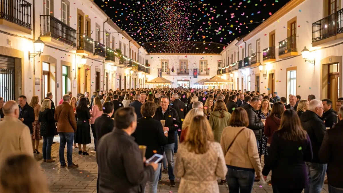 Generic image of a festive crowd in a town square during a night celebration.