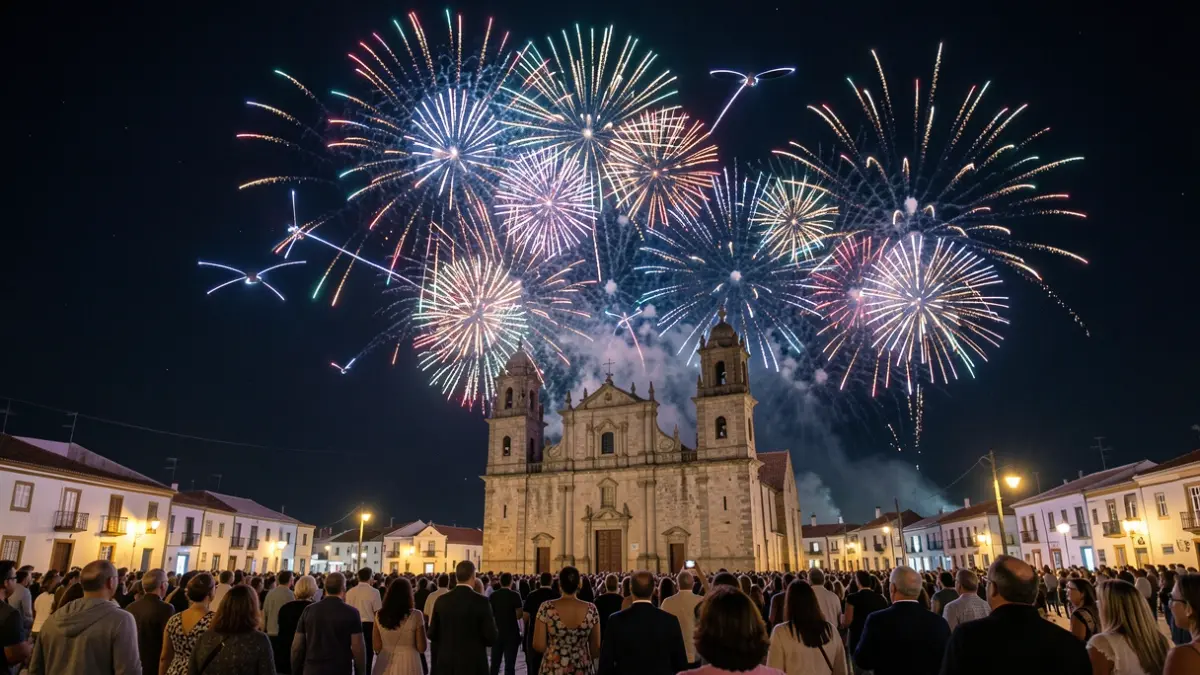 Night drone show over Gáldar's church forming festive shapes.