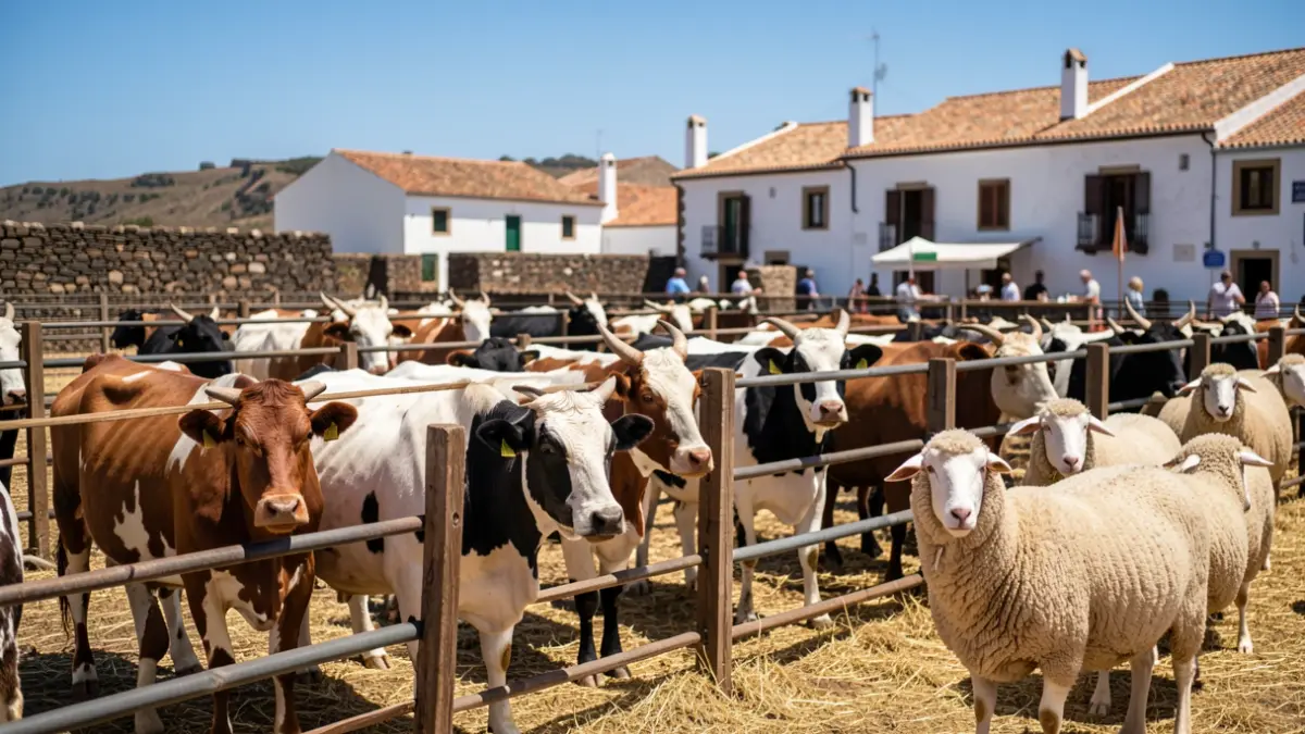 Imagen de la feria de ganado tradicional en Gáldar con diversos animales.